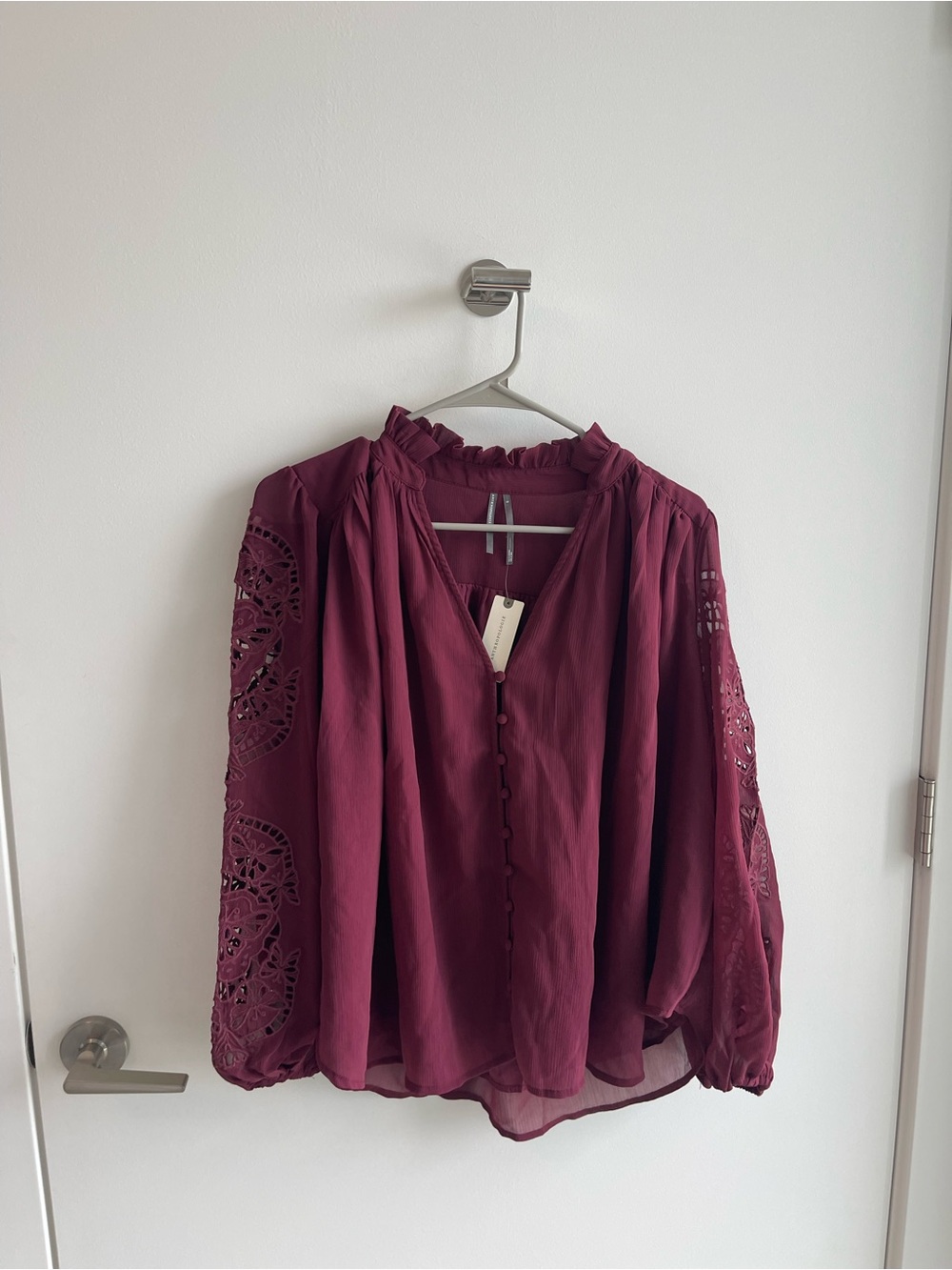 Anthropologie  Burgundy Embroidered Sleeve Peasant Blouse